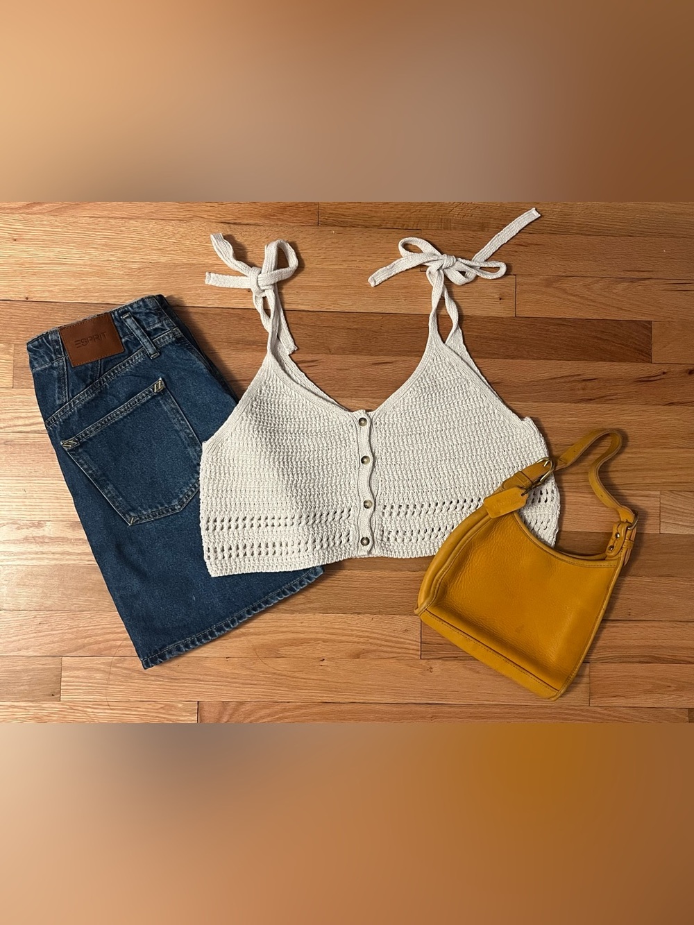 Zara Cream Knit Tie-Shoulder Button Crop Top